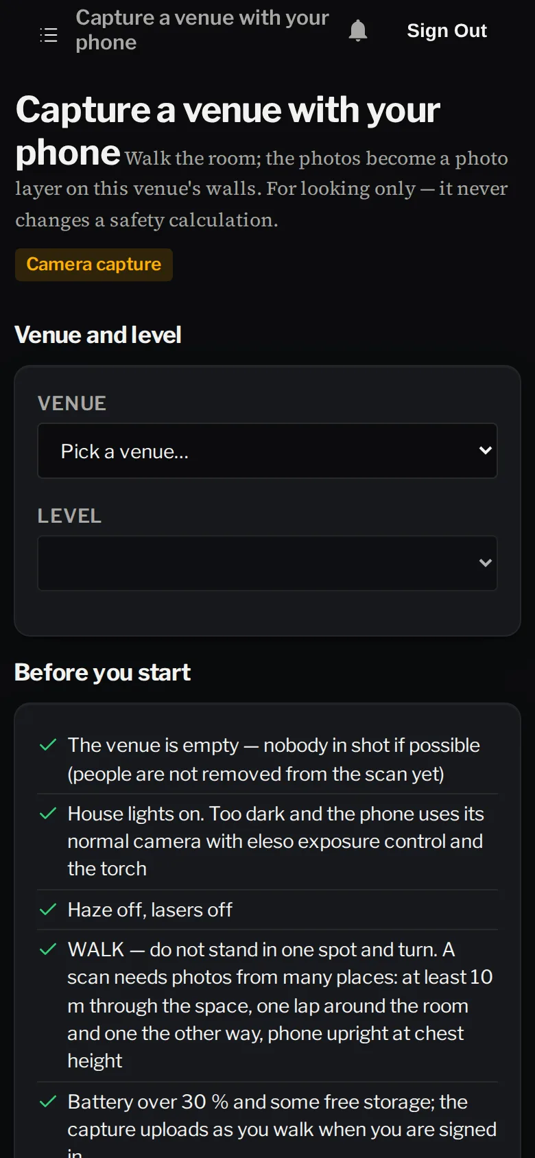 eleso's Capture a venue page on a phone: pick the venue and level, then a checklist before you start.
