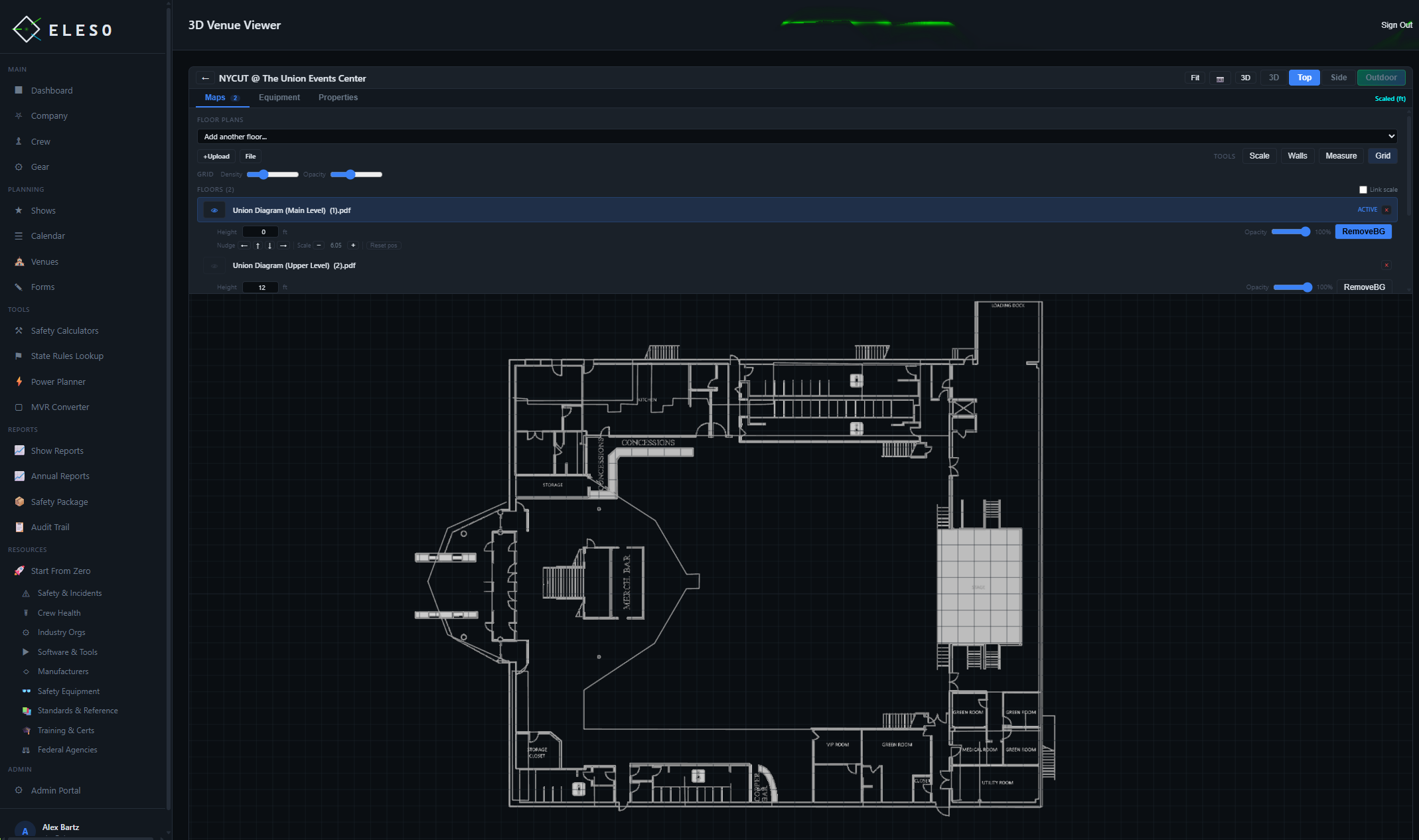 Multi-floor venue with wall detection