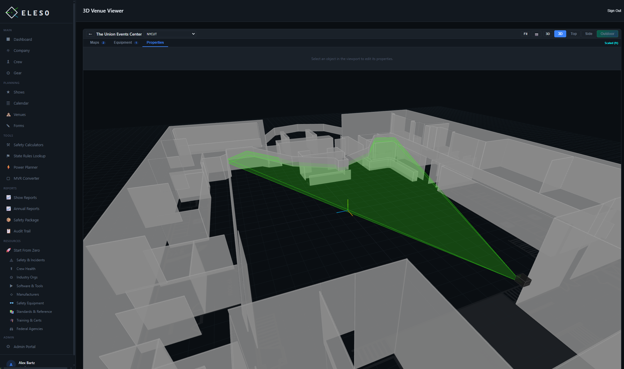3D venue model with laser beam zones hitting walls
